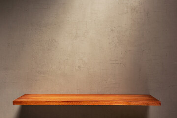 Wooden shelf at wall background texture as abstract surface. Book shelf at at old wall
