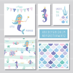 Mermaid birthday card templates set. Included fish skin pattern and narrow hand drawn font. Vector