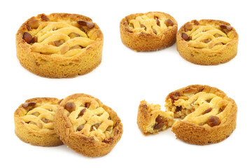 freshly baked apple and nuts cake and a cut piece on a white background