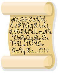 Parchment scroll and calligraphic letters of the english alphabet.