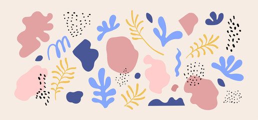 Doodle elements isolated. Trendy Matisse inspired style. Retro, vintage. Contemporary paper cut out form. Set collection. Vector hand drawn artwork. Blue, pink, beige, coral, terracotta, black colors.