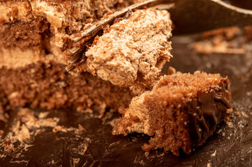 Chocolate cake and a metal fork. Close-up, selective focus.