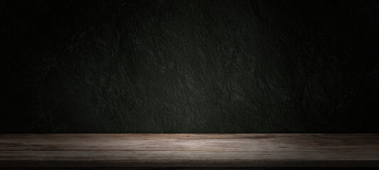 The black room, perspective cement floor or wooden shelf table, used as a studio background wall to display your products.loft style.