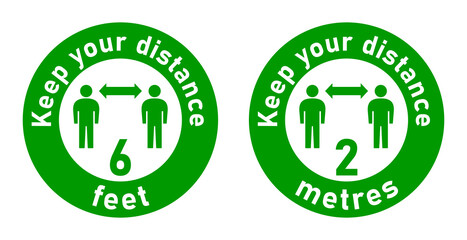 Keep Your Distance 6 Feet or 2 Metres Set of Round Warning Sticker Icons. Vector Image.