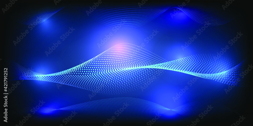 Poster data digital technology background.pair of dot wire connecting wave shape network on glowing blue pu