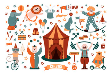 Circus objects collection: rabbit, clown, bear, lion, elephant, seal, juggler, monkey, etc. World Circus Day. Vector illustration isolated on white background. 