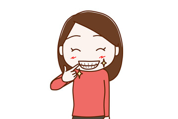 白いピカピカの歯を自慢しながら笑顔になる女性