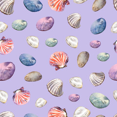 Watercolor seamless pattern with seashells on violet background 