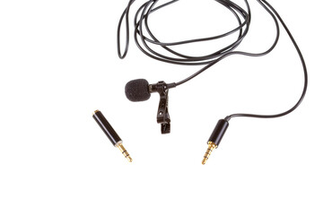 Small lavalier microphone or lapel mic with clip and adapter for computer