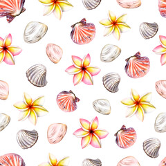 Watercolor seamless pattern with seashells, stones and plumeria flowers on a white background 