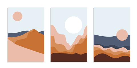 Desert abstract boho landscape with sun and moon. Abstract vector contemporary aesthetic background in Earth tones. Set of posters.