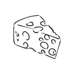 Hand drawn piece of Swiss cheese, sketch style vector illustration isolated on white background. Realistic hand drawing of an triangle chunk of fresh cheese with big holes