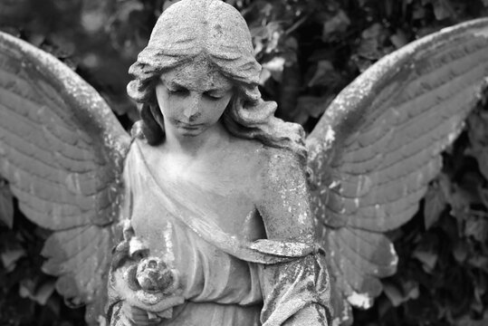Abstract image with tragically sad American angel. Black and white concept.