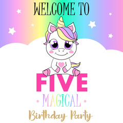 Unicorn cute illustration. Vector card design. Magical birthday party.
