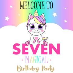 Unicorn cute illustration. Vector card design. Magical birthday party.
