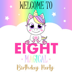 Unicorn cute illustration. Vector card design. Magical birthday party.
