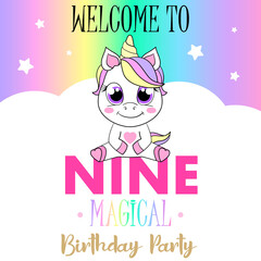 Unicorn cute illustration. Vector card design. Magical birthday party.
