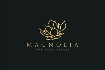 Foto op Canvas Hand drawn vector magnolia flowers logo illustration. Floral wreath. Botanical floral emblem with typography on white background © Naseem