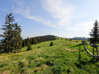 View of Beskidy mountains in Poland taken in sunny spring. Mountain landscape captured during trekking.