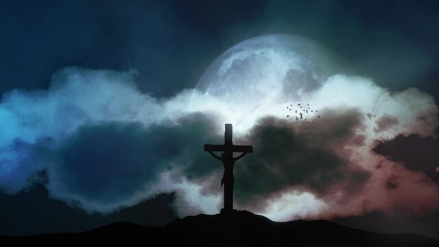 Full moon and silhouette of Holy Cross from Calvary hill. Concept of the Crucifixion of Christ.