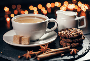 Cocoa drink and cocoa beans light background