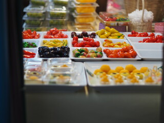 Deletable Imitation Fruits, Kanom Look Choup ,Thai desserts and snacks Canape, sweet bean food