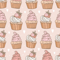 Strawberry cupcakes. Whipped cream, chocolate. Background with dots and hearts. Detailed outline drawing of dessert, holiday baking. Vector seamless pattern with pastries. Print design for pastry shop