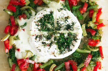 cheese with vegetables. Baked cheese with vegetables. Baked camembert cheese. Processed cheese with vegetables.