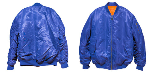 Bomber jacket color blue front and back view on white background