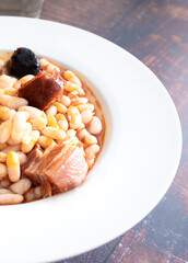 Asturian fabada plate ready to eat. Typical dish of the north of Spain. Food photography