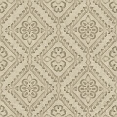 Seamless embossed paper texture for print. High quality illustration. Beige taupe or tan paper texture with embossed abstract ethnic tribal design overlay. Seamless repeat raster jpg pattern swatch.