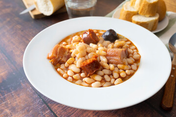 Asturian fabada plate ready to eat. Typical dish of the north of Spain. Food photography