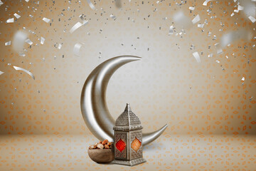 Ramadan and Eid al fitr concept 2021 backgrounds dates with Turkish traditional lantern Light Lamps,yellow colour Iftar theme image with confetti, Ramadan Kareem Mubarak 3d background