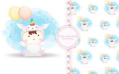 Cute doodle baby in unicorn costume and seamless pattern Premium Vector