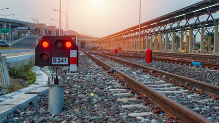 railway station in the morning. The way forward railway  for train. Railway track for locomotive.
