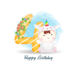 Cute four doodle numbering and baby in unicorn costume Premium Vector