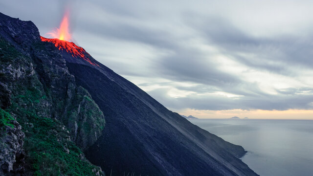Stromboli Sciara del Fuoco and Salina, Filicudi and Alicudi in the background