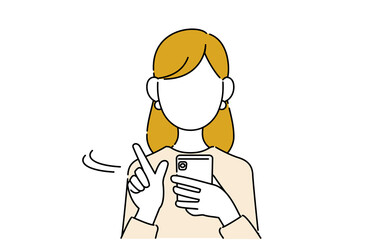 顔なしのポーズイラスト、キャリアウーマンの上半身、スマホで調べもの