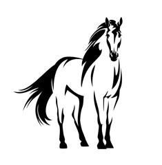 beautiful mustang horse with wind blown mane and tail - standing wild stallion black and white vector outline portrait