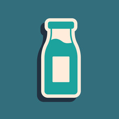 Green Closed glass bottle with milk icon isolated on green background. Long shadow style. Vector