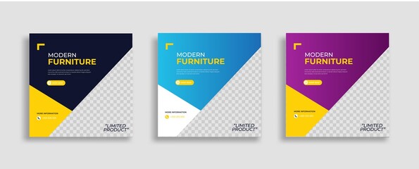 Furniture Editable minimal square banner template. Yellow black background color with geometric shapes for social media post, story and web internet ads. Vector illustration	