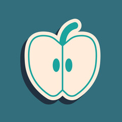 Green Apple icon isolated on green background. Fruit with leaf symbol. Long shadow style. Vector