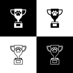 Set Pet award symbol icon isolated on black and white background. Medal with dog footprint as pets exhibition winner concept. Vector