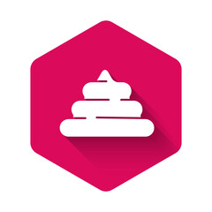 White Shit icon isolated with long shadow background. Pink hexagon button. Vector