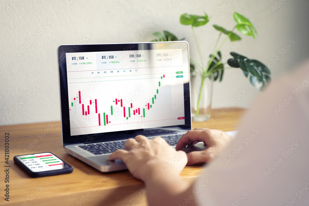 Poster businessman trader work from home using laptop smart phone technology data analysis growth trend on 