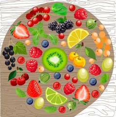 Mix of berries on a background of boards and a shadow from them