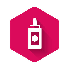 White Jar of honey icon isolated with long shadow background. Food bank. Sweet natural food symbol. Pink hexagon button. Vector
