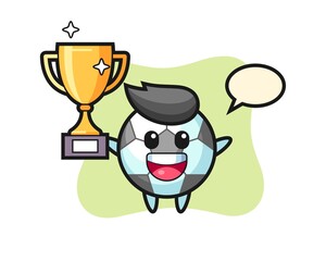 Cartoon illustration of football is happy holding up the golden trophy