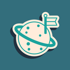 Green Moon with flag icon isolated on green background. Long shadow style. Vector