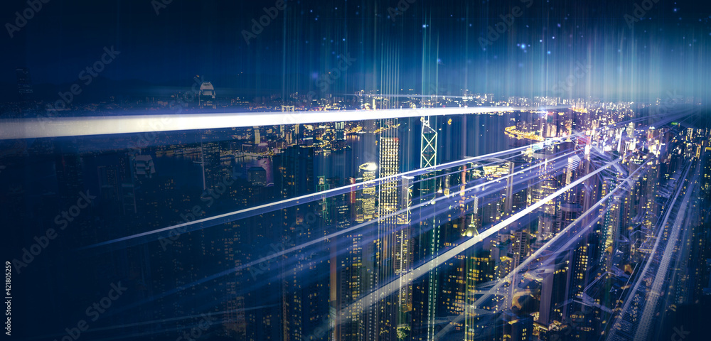 Poster internet speed data communication connection network frame modern industrial skyline city structure,